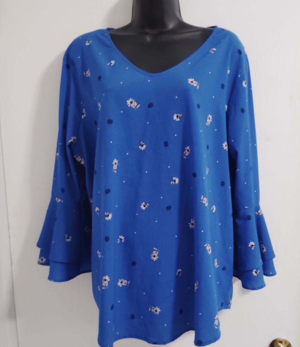 Liz Claiborne Blouse Womens XL Blue Floral V Neck 3/4 Bell Sleeve Career Top